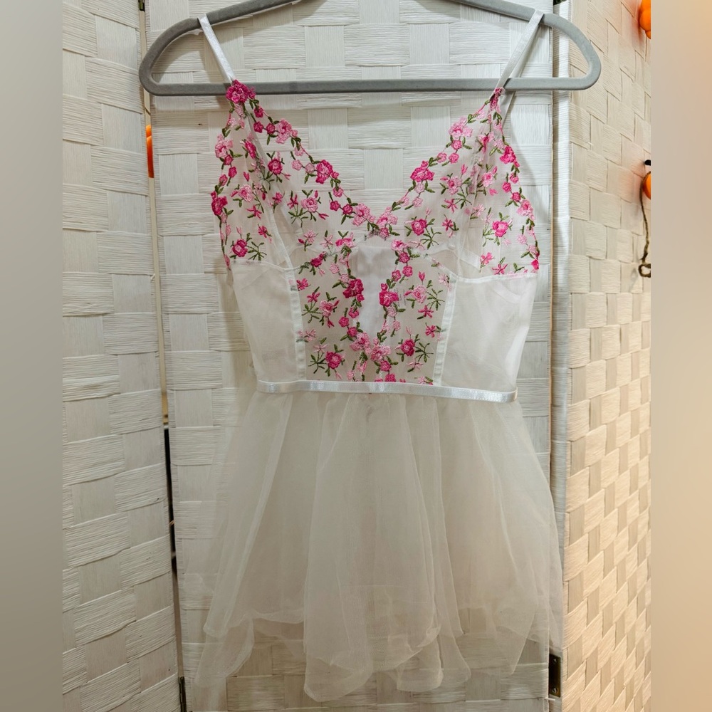 Floral Embroidered Sheer Babydoll White Dress